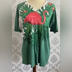 Vintage Hanes Tropical Green Flamingo Print Women's Short Sleeve Top Size Large
